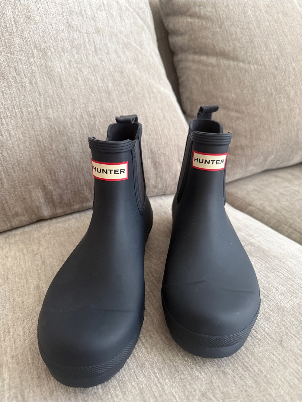 Hunter Navy Chelsea Rain Boots with Red Logo Trim